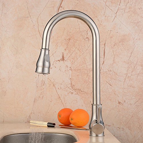 Hiendure® Modern Messing Ein Griff Hochbogen Herausziehen Sprühen Küchenarmatur Bassinhahn Bad Wasserhahn Schwenkbarer Auslauf, Nickel gebürstet - 2
