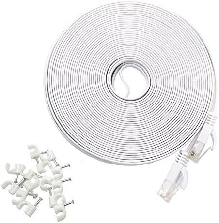 HanYun Ethernet Cable Cat6 50M Flat with Cable Clips, cat 6 Ethernet Rj45 Patch Cable, Slim Network Cable, Thin Internet Computer Cable - 50 Meters / 164 Ft White