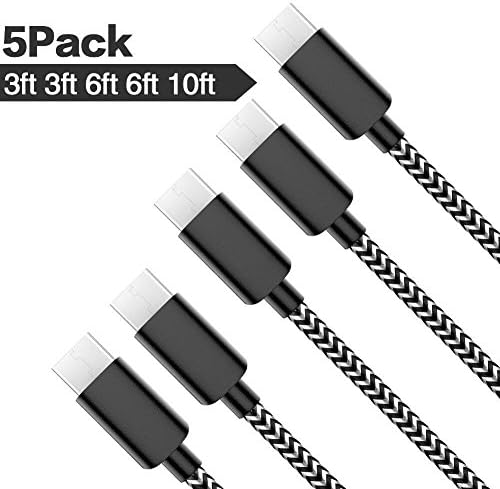 WUXIAN USB Type C Cable Nylon Braided USB C Cable Fast Charging Long Cord for Samsung Galaxy Note 8 S8,Google Pixel and other 5-PACK [3/3/6/6/10ft](Black&amp;White)