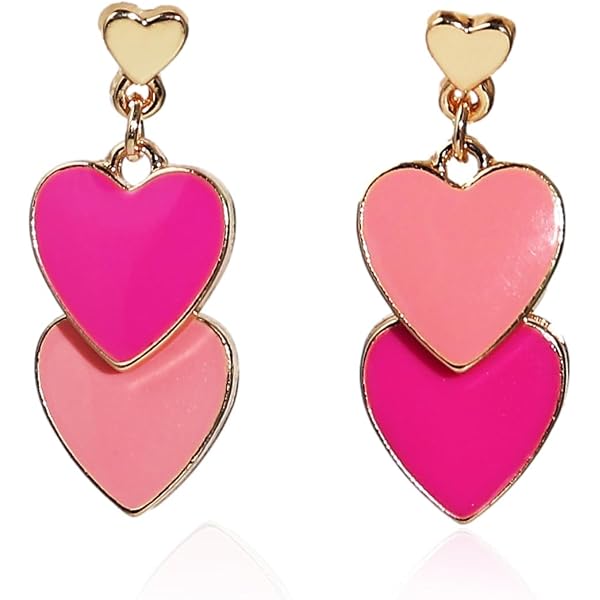 2 Paia Di Orecchini Pendenti A Doppio Cuore In Acrilico - Rosa Acceso E Rosso Rosa - Leggeri E Comodi, Regalo Per Donna, Ragazza - 5