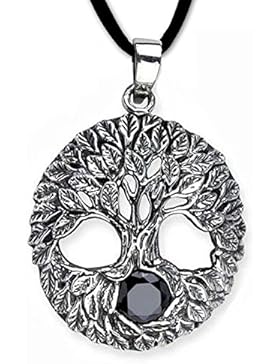 Anhänger Lebensbaum Keltischer Baum des Lebens mit schwarzer Zirkonia 925er Silber Schmuck mit Lederhalsband Schmucksäckchen...
