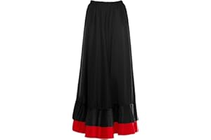 PARTILANDIA Falda Flamenco Niña Español, Falda Ensayo Flamenco Largo Negro Rojo Volante Simple Volante Doble para Niña Falda Baile Danza Clase Fiesta (6 años, Negro Volante Doble Rojo)