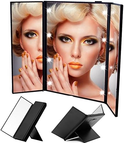 MAXPRETTY 3-folds Handheld Mirror for Make up Portable Design with Illuminated LED Lights(battery included)