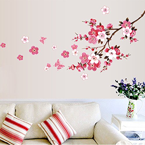Qianxing abnehmbares wiederverwandbares schöne entspannte Landschaft Wandbild Wallsticker Blumen und Baum Serie Wandtattoo Aufkleber für Sofa und Fernsehen im Wohnzimmer Deko Wandpapier(Pfirsichblüte)(120*50)