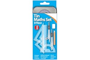 1ABOVE 9 Piece Geometry Maths Set with Storage Tin, Metal Compass, Dividers, Set Squares, Protractor, 15cm Ruler
