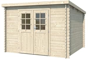 Woodtex Holz Gartenhaus Blockbohlenhaus CA2974 | Wandstärke 28 mm | Naturbelassen | B x T x H: 298 x 259 x 203 cm | Doppeltür Mit Echtglas