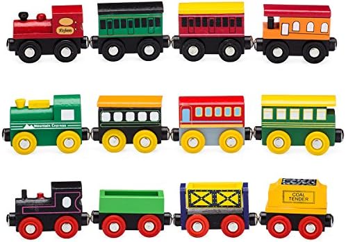 Playbees 12-Piece Wooden Train Cars Magnetic Set Includes 3 Engines, Wooden Toy Train Collection for Toddler Boys and Girls is Compatible with Most Other Name Brand Wood Train Tracks
