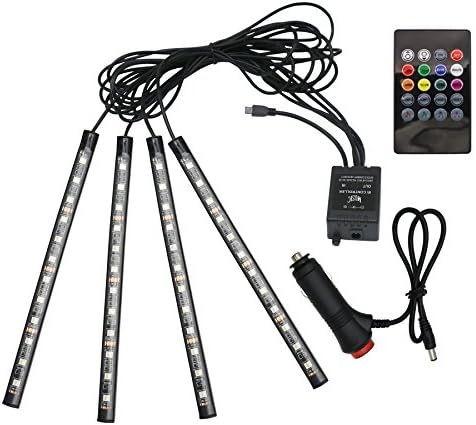 NAWINNER Car LED Strip Light, 4pcs 48 LED Multicolor Music Car Interior Light LED Under Dash Lighting Kit with Sound Active Function and Wireless Remote Control, Car Charger Included，DC 12V