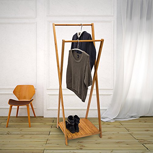 Relaxdays Kleiderständer Bambus H x B x T: 156 x 56,5 x 40 cm stabiler Garderobenständer aus Bambus mit 1 Ablagefläche im originellen gekreuzten Design als Schuhablage für Flur und Diele, natur - 2