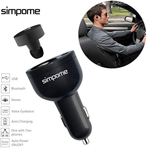 Simpome 2 in 1 USB Car Charger with Wireless Bluetooth Earbud, Quick Charge 3.0 Hands-free Bluetooth Earphone Auto Charger Adapter Kit, Stereo Bluetooth V4.0 Headphone with Mic,Black