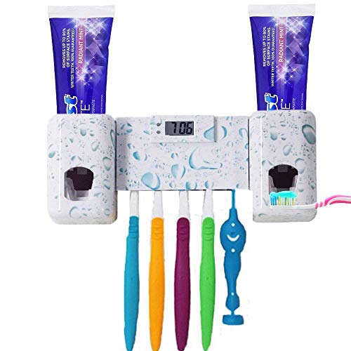 Preisvergleich Produktbild HRRH Zahnbürstenhalter mit Doppelkombination Automatischer Zahnpastaspender Zahnpastahalter mit elektronischer Uhr 5 Zahnbürstenrillen, Super 3M Stickers Pad
