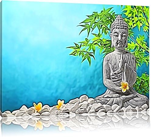 great Buddha with smaller Monoi Blossom Format: 120x80 cm on canvas, huge XXL Pictures completely framed with stretcher, art print on mural with frame, cheaper than painting or oil painting, no poster or poster