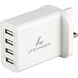 LYCANDER USB Wall Charger Plug UK Spec with 4 Ports 5A/25W adaptive charging technology (UK Plug)