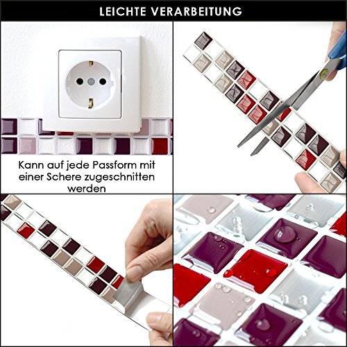 7er Set 25,3 x 3,7 cm Grandora Mosaik Fliesenaufkleber 3D-Effekt große Auswahl W5288 Wandaufkleber Küche Bad Fliesendekor Folie selbstklebend rot beige silber Design 2 - 6