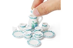 Odoria Juego de té en miniatura para casa de muñecas a escala 1/12, 15 piezas, accesorios para casa de muñecas, verde
