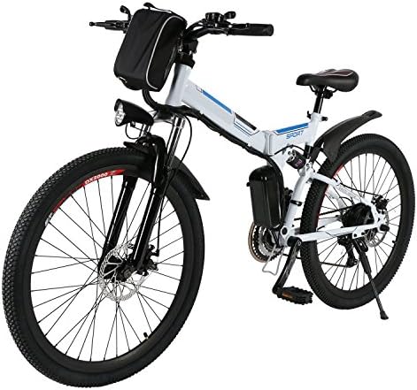 Electric Mountain Bike with 26" Folding E-bike Large Capacity Lithium-Ion Battery (36V 250W), Super Lightweight Magnesium Alloy 6 Spokes Integrated Wheel, and 21-Speed Shimano Gear (UK STOCK) (White&amp;Blue-1)