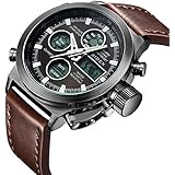 Armbanduhr, Herren Uhren Digital Analog Sport Fashion Armbanduhr, Multifunktions LED Datum Alarm braun Leder Wasserdicht Armbanduhr