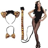 Tigerkostüm Set Tiger Kostüm Damen 3 tlg. Sexy Katzenkostüm Safari Tierkostüm Dschungel Katze Kostümset Zoo Faschingskostüm Karnevalskostüme Tiere