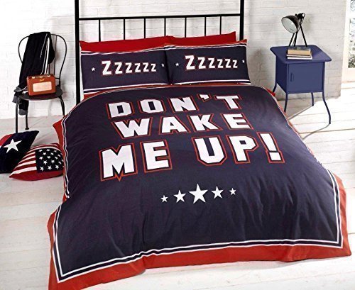Don't Wake Me Up Double Bed SizeNavy Blue White Red Reversable Duvet Cover Bedding Set