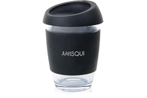 AniSqui Szklany kubek podróżny, 350 ml, przenośny kubek do kawy z pokrywką (czarny)