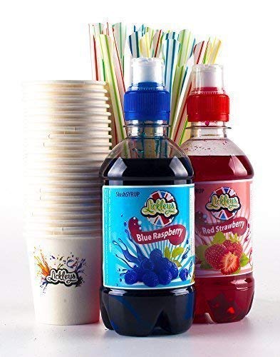 Kit Snow Cone, Kit de Aguanieve Completo que incluye 2 x Sabores de Jarabe Concentrado de 330ml, 100 Conos y Pajillas-Cuchara Gratis