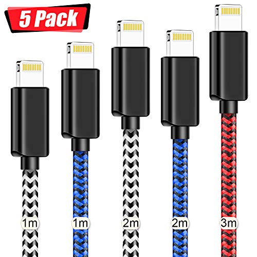 VIVK - Cable de Carga para iPhone X / 8/8 Plus / 7/7 Plus/SE / 6S / 6S Plus / 6/6 Plus / 5S / 5C / 5 (5 Unidades), Color Rojo, Azul, Negro y Blanco