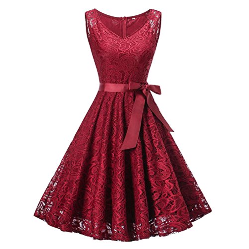 Preisvergleich Produktbild Amphia Damen Spitzen Rockabilly Kleid Festlich Partykleid Cocktailkleid Brautjungfern Kleid Rundhals / V Ausschnitt Ärmellos (Rot, S)