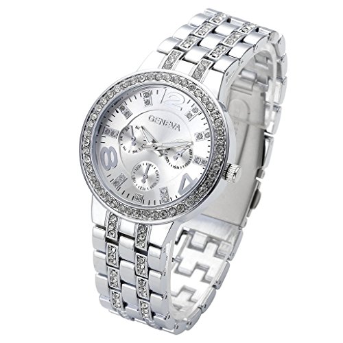 JSDDE Uhren,Klassisch unecht Chronograph Optik Unisex Armbanduhr Strassstein Design Edelstanl Analog Quarzuhr,Silber JSDDE Uhren,Klassisch unecht Chronograph Optik Unisex Armbanduhr Strassstein Design Edelstanl Analog Quarzuhr,Silber