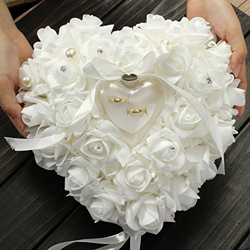 Romantic Rose Hochzeit Ringkissen Ring Box Herz Bevorzugungen Ehering Kissen mit eleganter Satin Flora, 15x13cm - 2