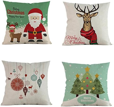 Christmas Linen Fur Sofa Decorative Cushion Covers Set 4 Pack, Santa, Christmas Tree, Elk