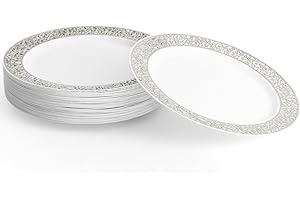 Matana 20 Piatti in Plastica Bianca Premium con Bordo Argento, 26 cm - Eleganti, Resistenti e Riutilizzabili - Matrimoni, Compleanni, Battesimi, BBQ, Natale, Feste