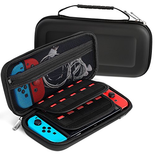 Preisvergleich Produktbild Fosmon Robuste Nintendo Switch Tasche, Schutzhülle, Transporttasche, Hartschale, Aufbewahrungsetui, Case, Cover für Nintendo Switch Konsole integriert mit Spielkarten-Täschen, Leicht - Schwarz