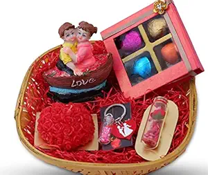 Valentines Day Gift for Girlfriend/boy Friend/Valentines Day Chocolate Gift-Decorated Basket+Chocolate Box+Couple Statue+Heart Shaped Candle+Message Bottle+Key Chain+Valentines Card
