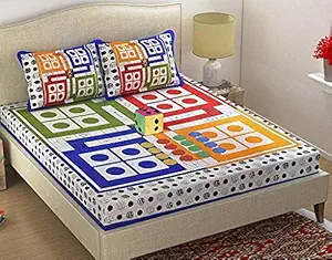 Curtile Cotton Ludo Printed Double Bedsheet with 2 Pillow Covers - 144 TC 1 Dice and 16 Tokens - Paying Ludo Kids Bedsheets for Bedroom, 90x100 Inch