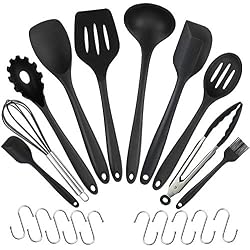 WisFox 10 ustensiles de Cuisine en Silicone, ustensiles de Cuisine en Silicone résistant à la Chaleur Outils de Cuisson antiadhésifs pour Cuisine 10 Sets + 10 Crochets en S-Noir