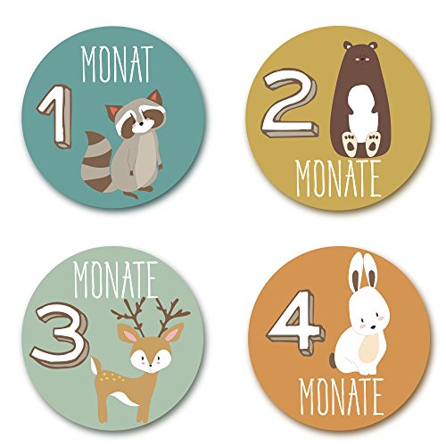 Baby Monatsaufkleber für das 1. Lebensjahr (Deutsch) – Tiermotive - 5