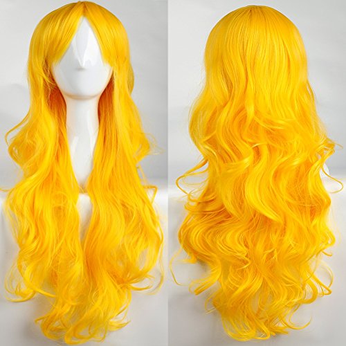 S-noilite Fashion Curly Anime Full Wig Yellow Hair Wig Kanekalon Heat Resistant Synthetic Women Lady Girl Costume Wigs Fancy Dress Royal Mail Post