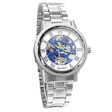 Avaner Herren-Uhr Armbanduhr Handaufzugwerk mechanische Uhr Römische Ziffern Skelett Openwork Analog Uhr Silber Blau für Herren Männer