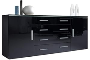 Vladon Cajonera Faro V2, Cómoda con 2 Puertas y 4 Cajones, Negro Mate/Negro de Alto Brillo (166 x 72 x 35 cm)