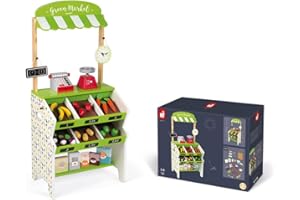 Janod - Drogheria per Bambini in Legno Green Market - 32 Accessori Inclusi - Gioco di Imitazione del Commerciante - A Partire dai 3 Anni, J06574, Verde e Bianco