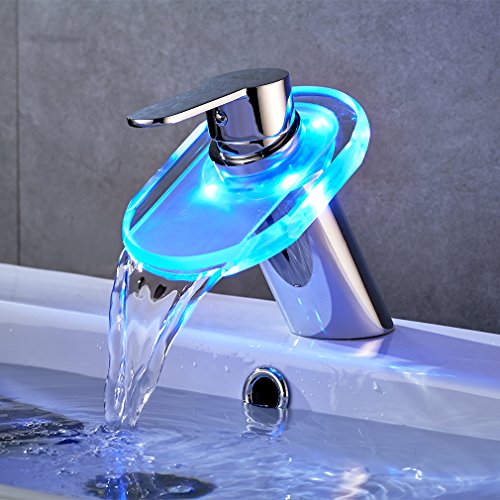 Chrom Waschtischarmatur LED RGB Ellipse Glas Wasserfall Wasserhahn Kupfer Waschbeckenarmatur für Bad Armatur - 4