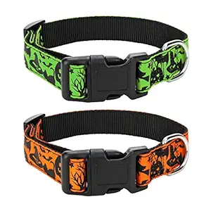 2 Pack Halloween Dog Collar, Adjustable Pet Collar with Alloy Metal D ring, Pumpkin Bat Funny Hat Halloween Pattern Neck Ring | Cute Fashion All Saints' Day Spirit Collar for Medium Large Dog Cat