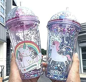 Ds PARADISE Plastic Kids Unicorn Print Sipper Tumbler Water Bottle with Straw for Kids , Pack of 1 , 500 ml , Multicolor