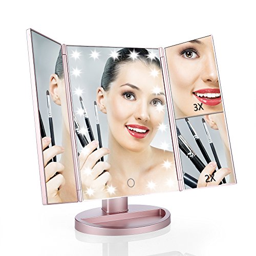 Easehold 1x 2x 3x ELander faltbar, beleuchtete Kosmetikspiegel mit Badezimmer Spiegel Eitelkeit Spiegel drei Panel 21Pcs Led Licht 180 Grad frei drehbare Arbeitsplatte Kosmetik Make-up-Spiegel (Rosen-Gold)