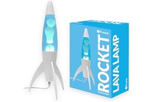 Fisura - Lámpara de lava azul “rocket”. Base blanca, líquido azul y lava blanca. Lámpara de lava retro con bombilla de repuesto. 20 cm x 20 cm x 45 cm.