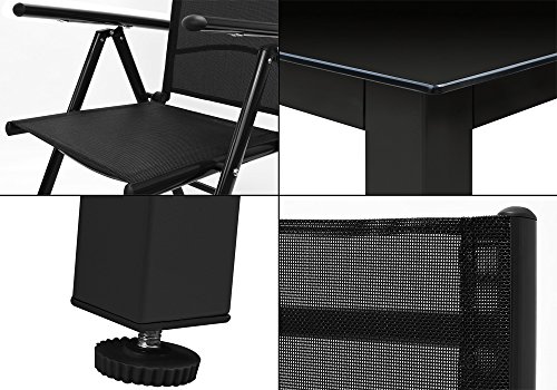 Alu Sitzgruppe 8+1 Schwarz Sitzgarnitur Gartengarnitur Tischplatte aus Glas + klappbare und neigbare Stühle
