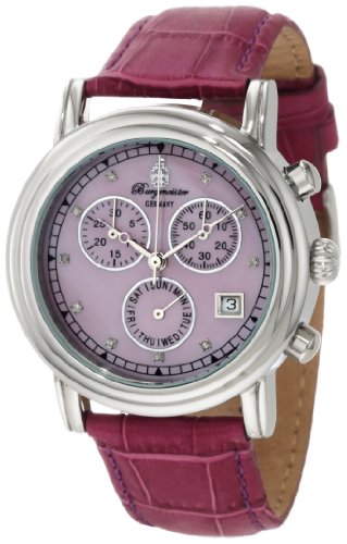 Burgmeister Chronos Bm124-190A Ladies Chronograph Automatic Analogue Wristwatch Purple Leather Strap Diamonds Day Date