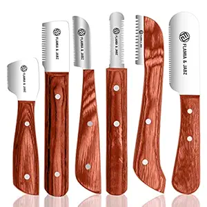 FJ Professional Stripping Knife kit (6 pieces set) for Dogs & Pets, Wooden Handle Grip with Stainless Steel Blade (Right handed) (Orange)