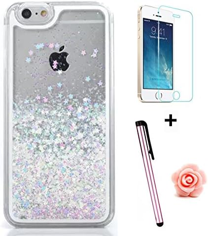 iPhone 5 5S Glitter Case,Tebeyy Transparent Clear Floating Sparkle Hearts Liquid Bling Case for iPhone SE,Luxury Cute 3D Creative Moving Love Hearts Stars Hard Protective Shell for Apple iPhone SE/5 5S-Stars,#9