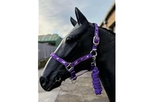 EQUIPRIDE Horse Headcollar and Lead Rope Set, Pink with Horse Print Pattern, Padded Nubuck (Purple, Mini Shetland)